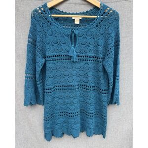 Lucky Brand Live in Love Sz Larage Top Large Crochet Teal Boho 3/4 Sleeve Tassel